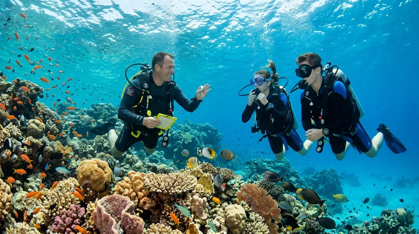 Scuba instructor teaching students during hurghada diving courses in the clear Red Sea