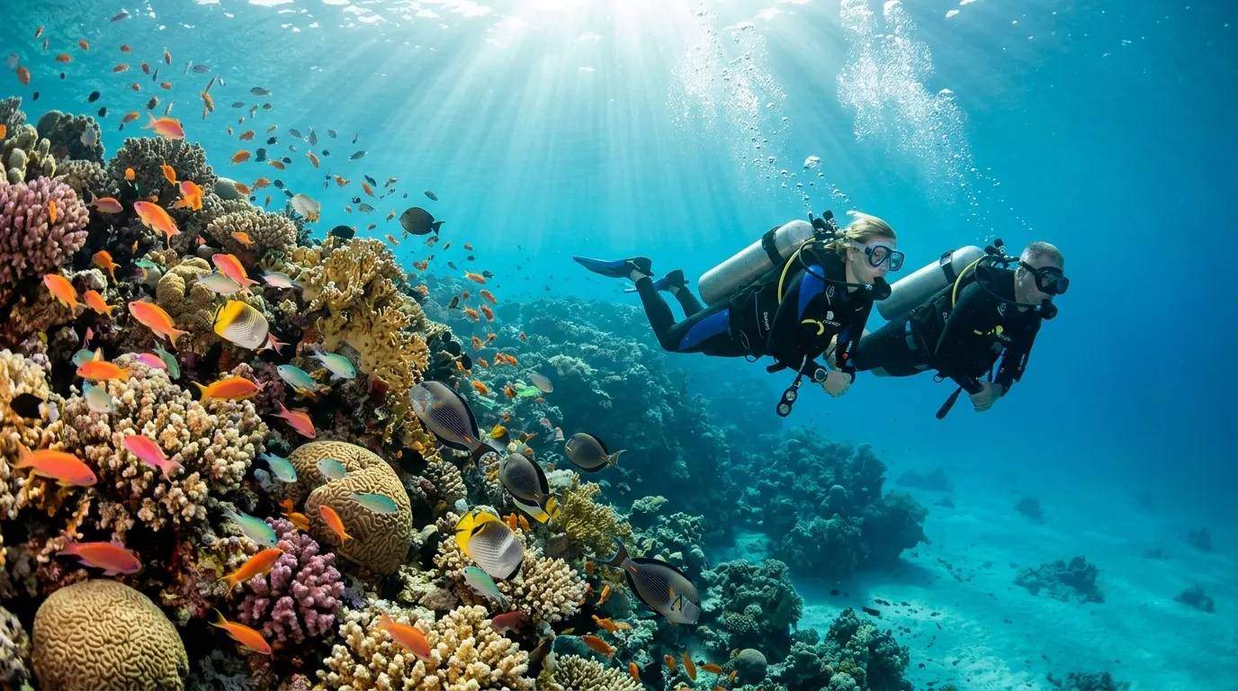Divers exploring healthy coral reefs during scuba diving hurghada adventure
