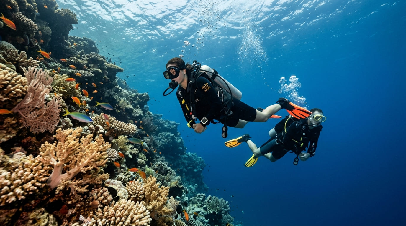 Divers exploring a drift diving site in Hurghada Red Sea