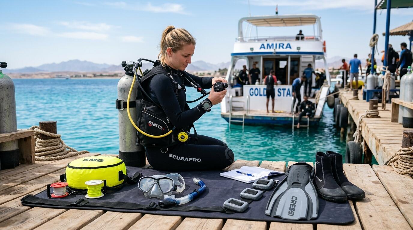 Scuba diving equipment laid out ready for a Red Sea boat trip in Hurghada