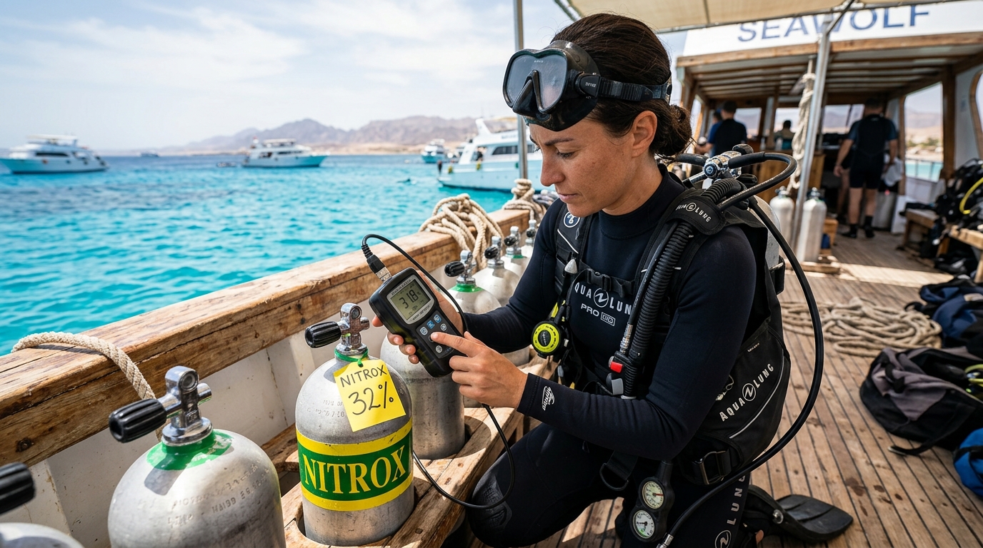 Scuba diver analyzing an oxygen cylinder for Nitrox diving in Hurghada on a dive boat